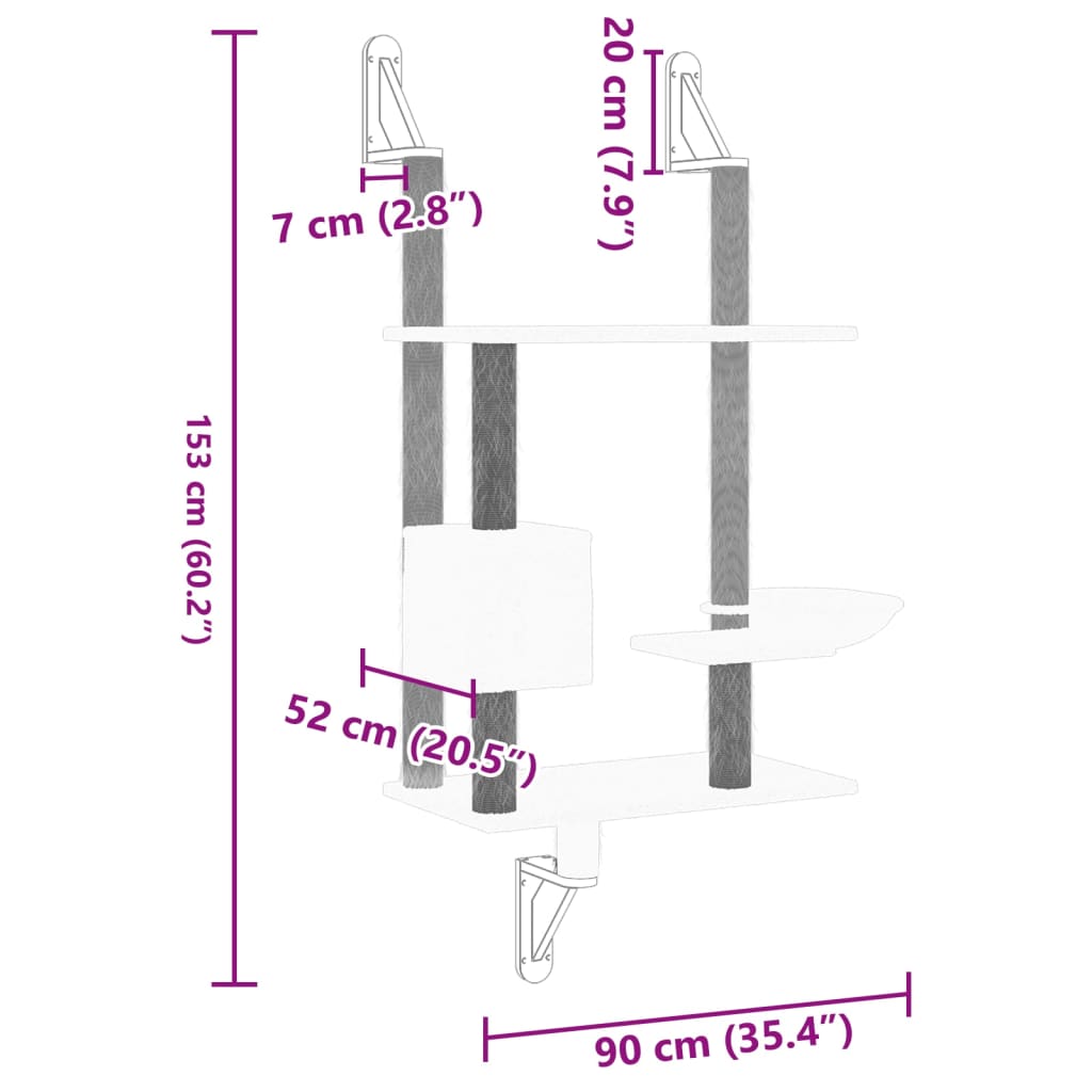 Arbre à chat mural en bois avec niche avec panier – Gris clair – 153 cm – vue 7