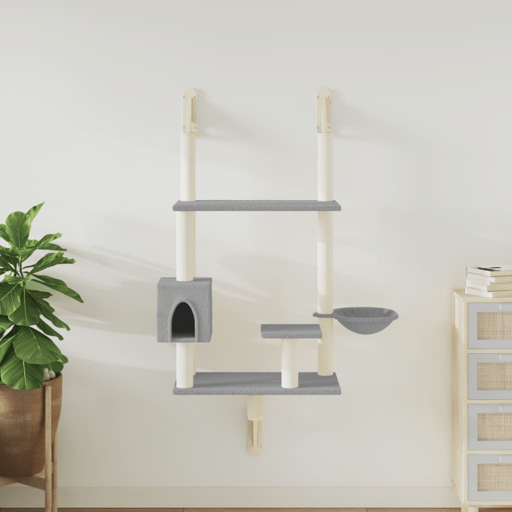 Arbre à chat mural en bois avec niche avec panier – Gris clair – 153 cm