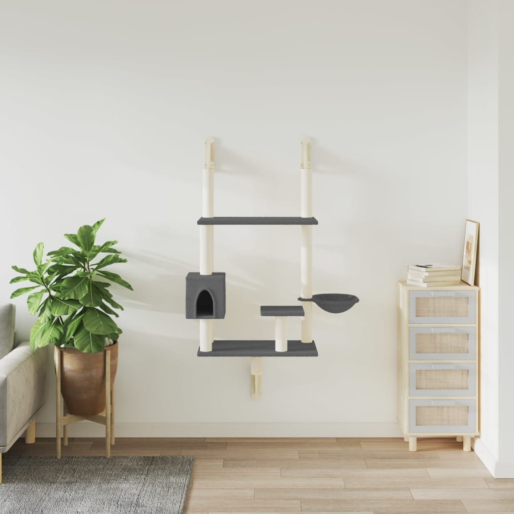 Arbre à chat mural en bois avec niche avec panier – Gris foncé – 153 cm – vue 3