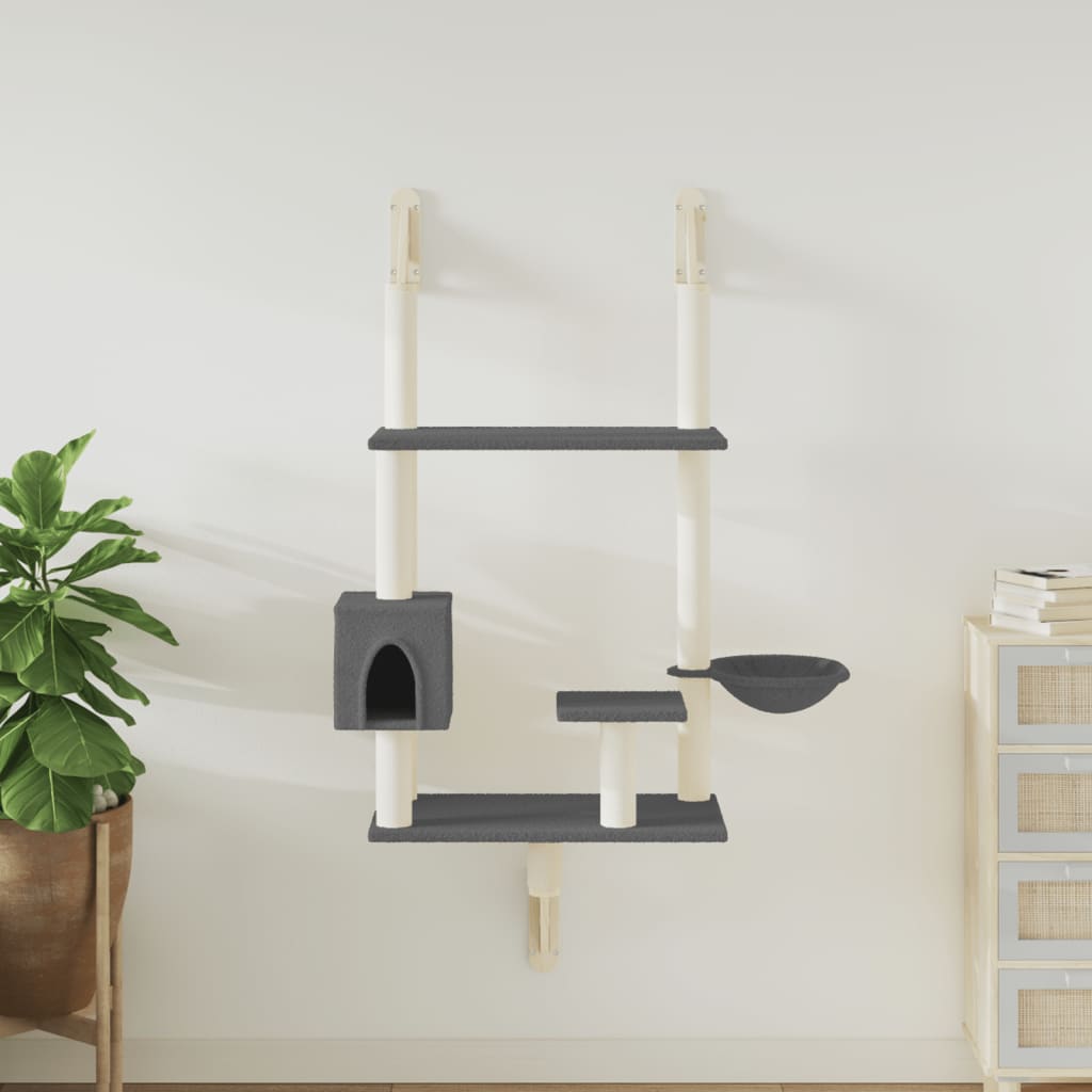 Arbre à chat mural en bois avec niche avec panier – Gris foncé – 153 cm