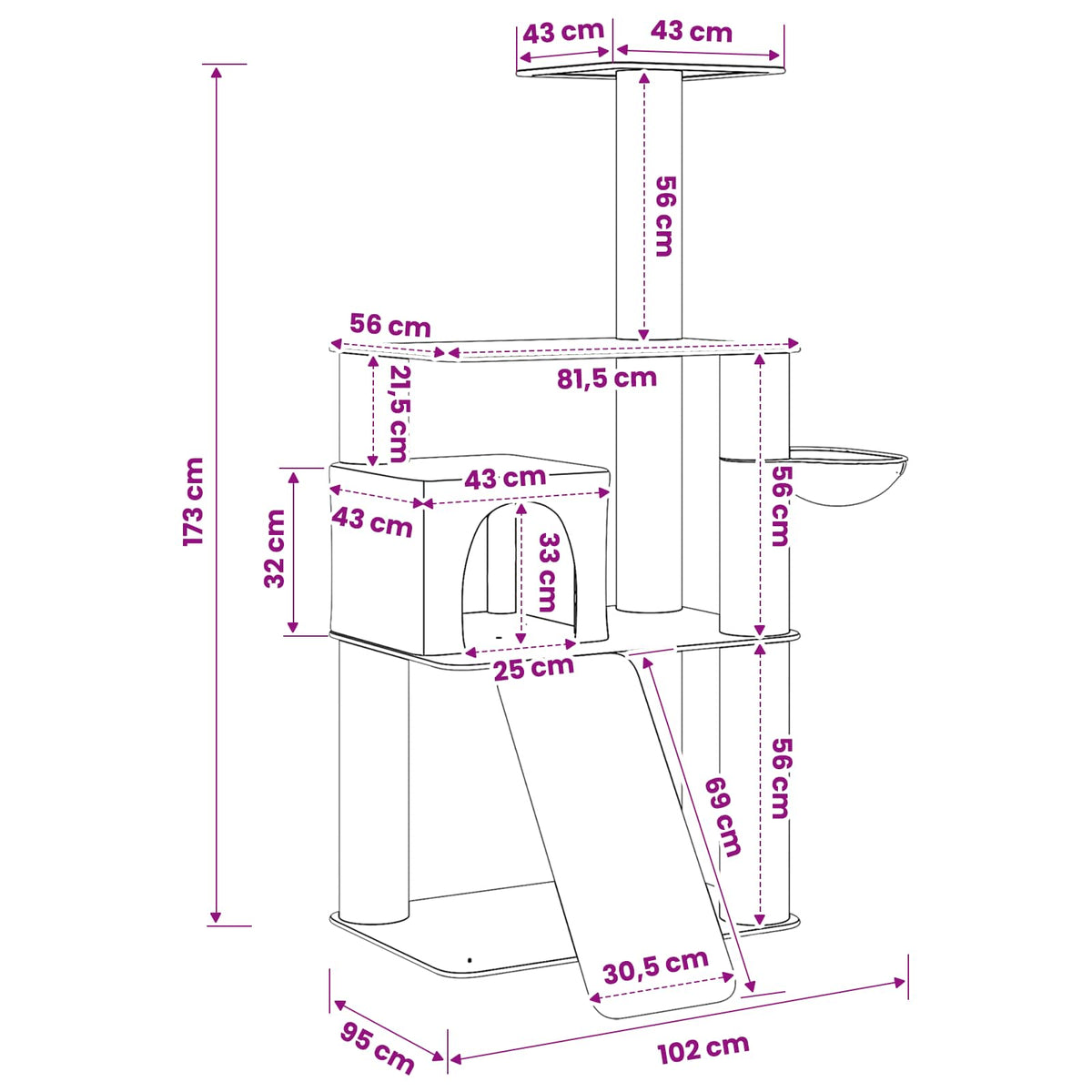 Arbre à chat en bois avec panier – Gris foncé – 173 cm – vue 8