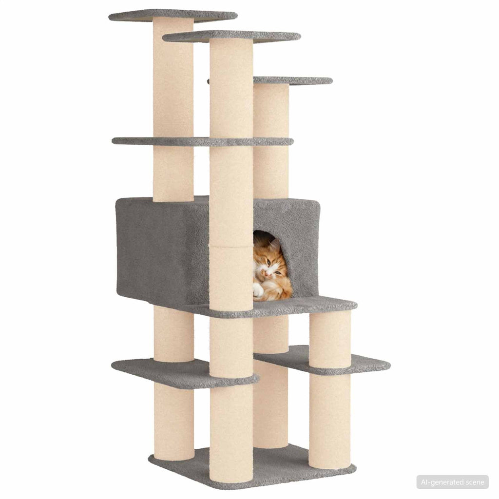 Arbre à chat en bois avec niche avec panier – Gris clair – 161 cm – vue 3