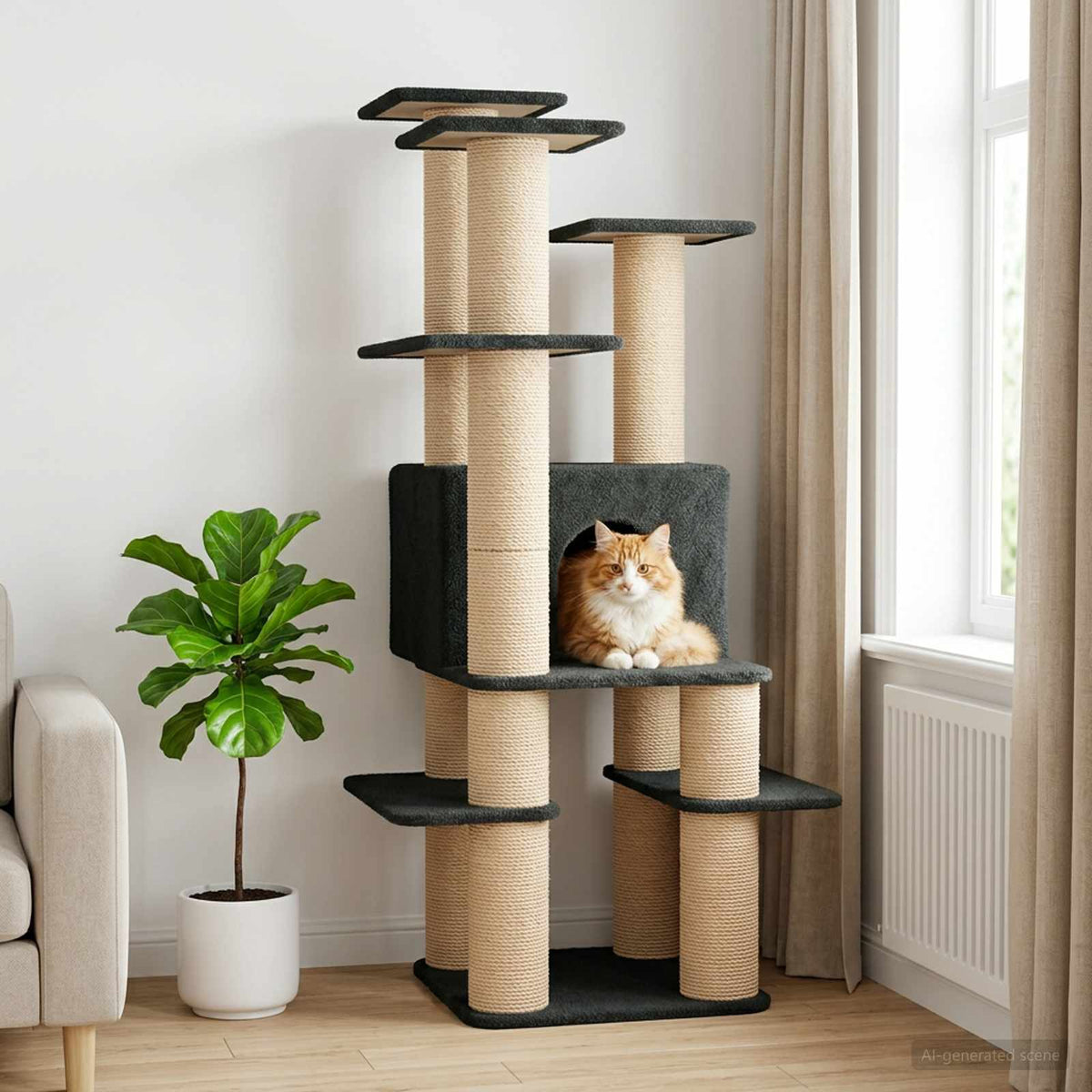 Arbre à chat en bois avec niche avec panier – Gris foncé – 161 cm