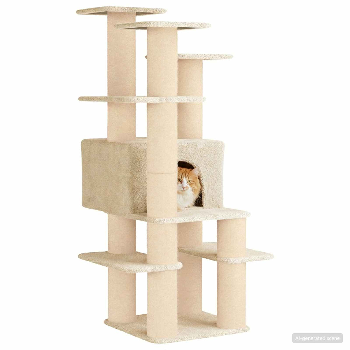 Arbre à chat en bois avec niche avec panier – Crème – 161 cm – vue 3