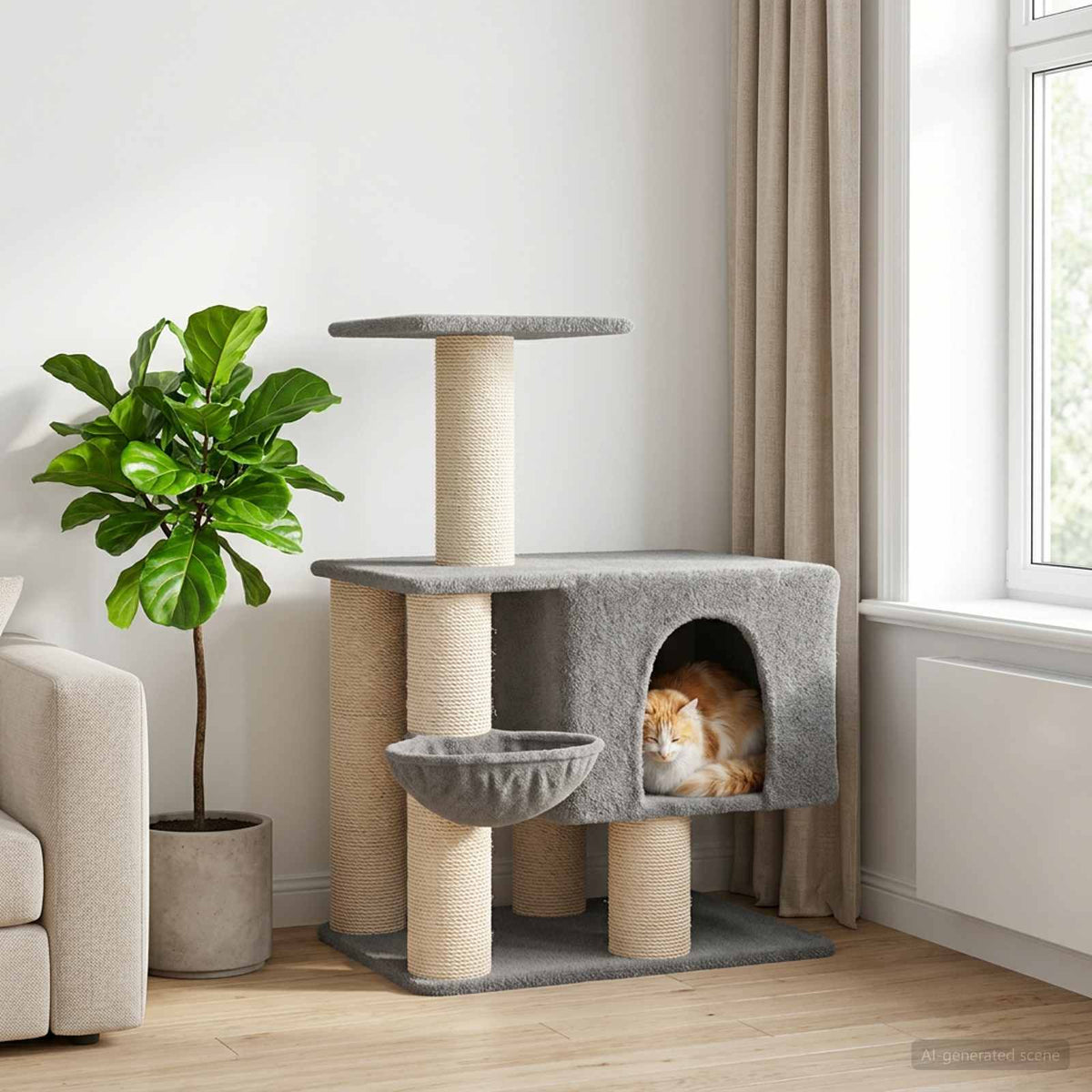 Petit arbre à chat en bois avec panier – Gris clair – 96 cm