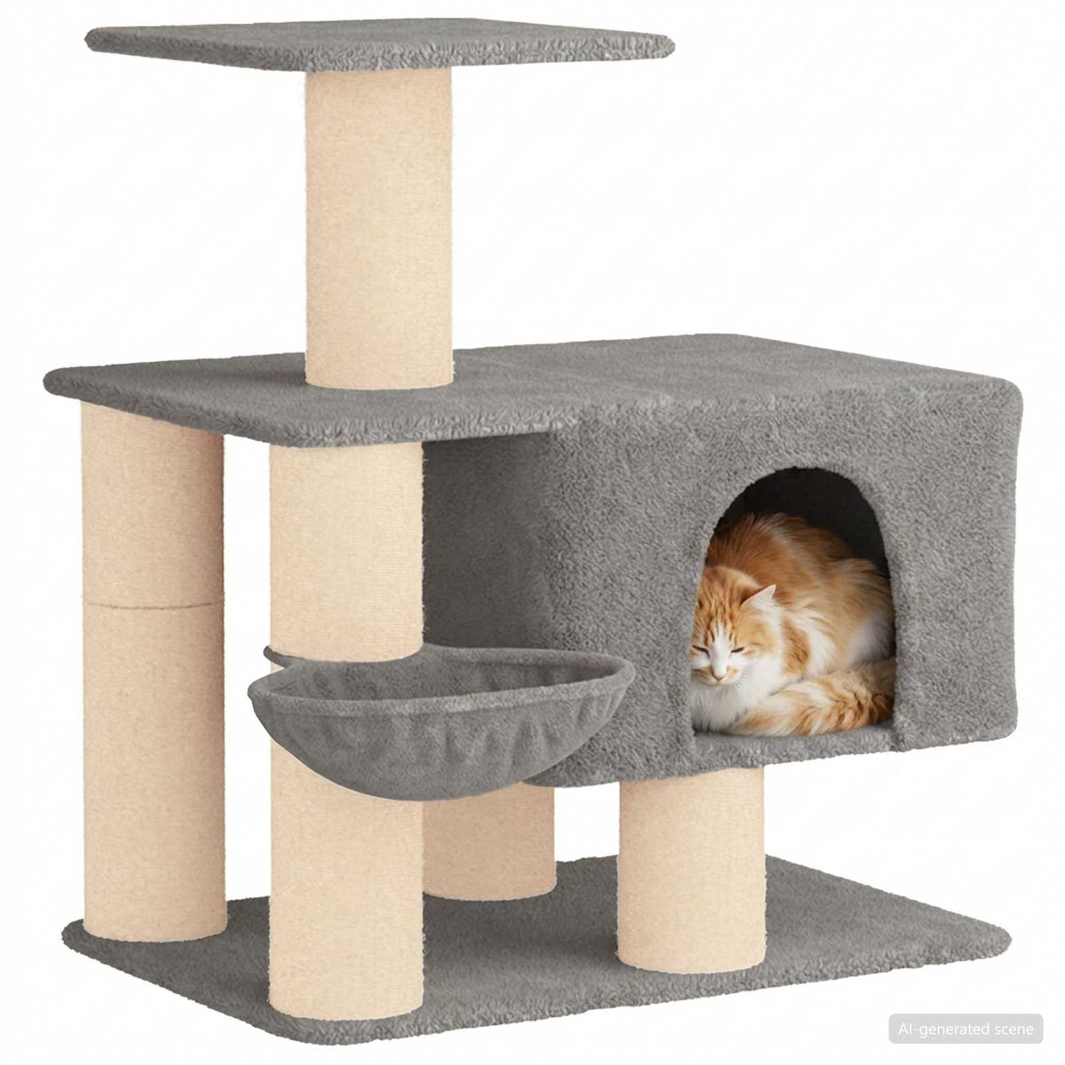 Petit arbre à chat en bois avec panier – Gris clair – 96 cm – vue 3