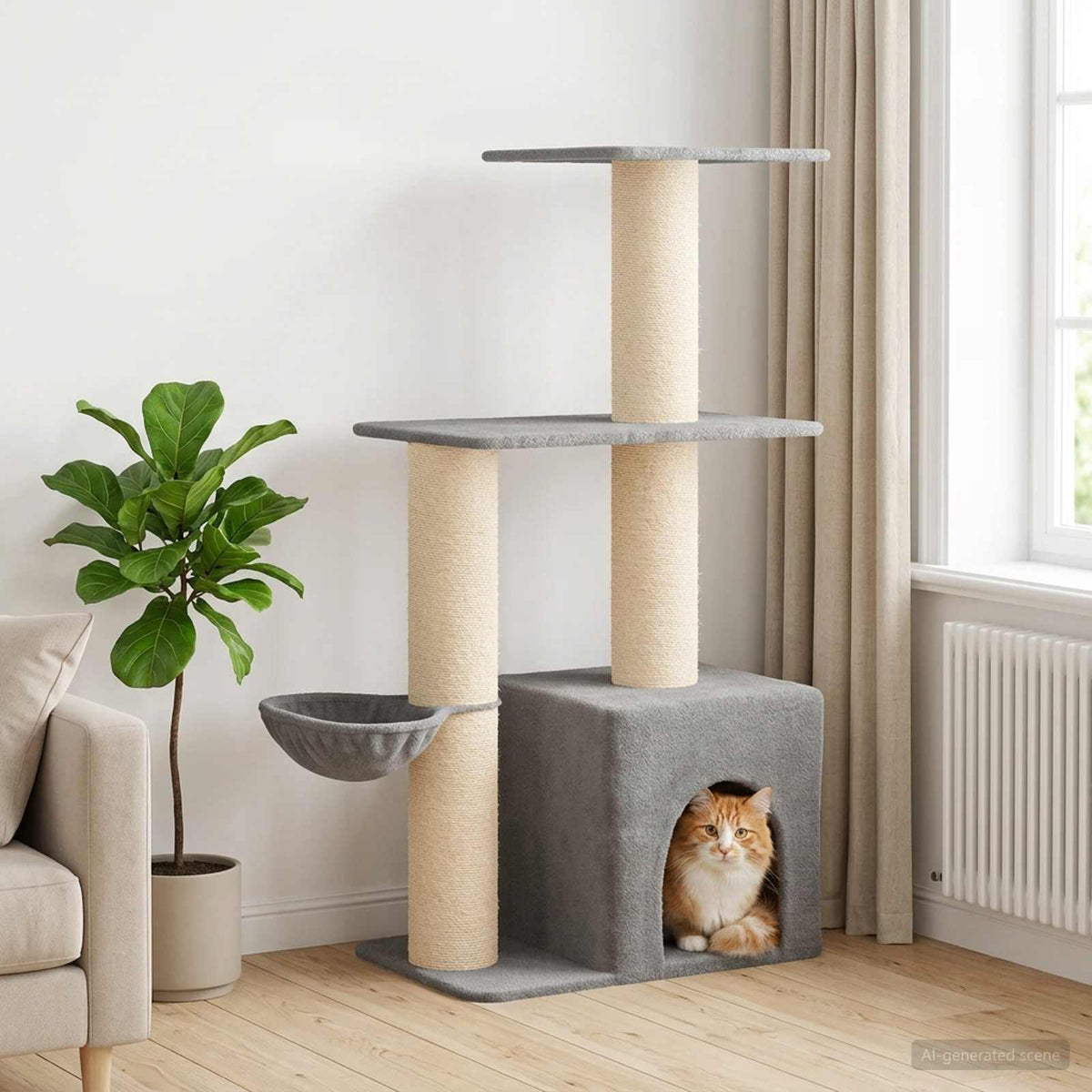Arbre à chat en bois avec niche avec panier – Gris clair – 133 cm