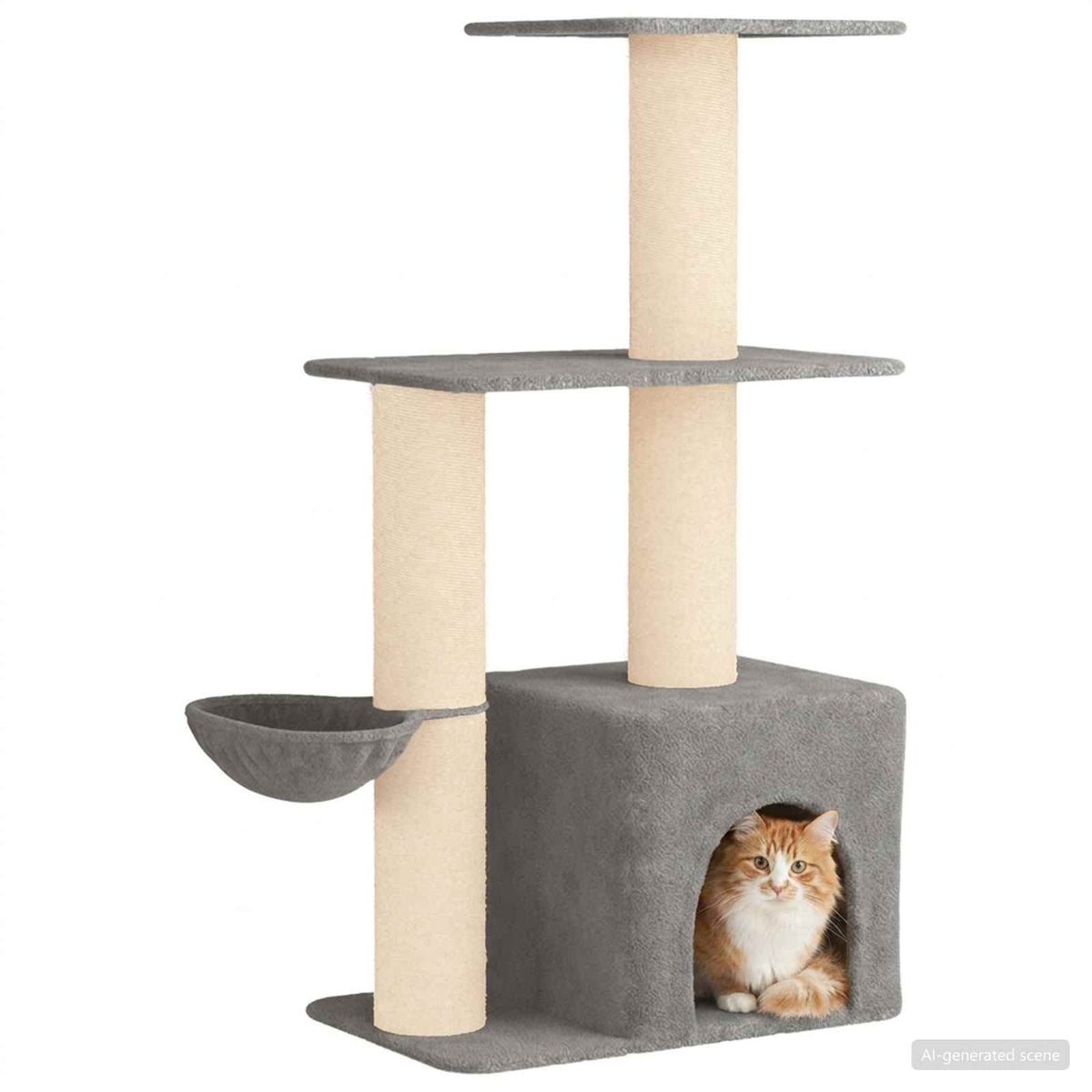 Arbre à chat en bois avec niche avec panier – Gris clair – 133 cm – vue 3