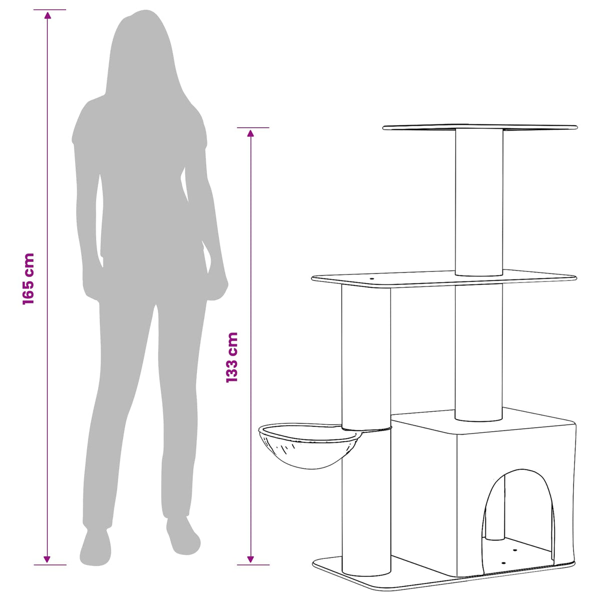 Arbre à chat en bois avec niche avec panier – Gris clair – 133 cm – vue 9