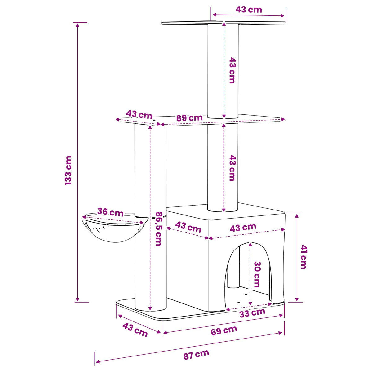 Arbre à chat en bois avec niche avec panier – Gris clair – 133 cm – vue 8