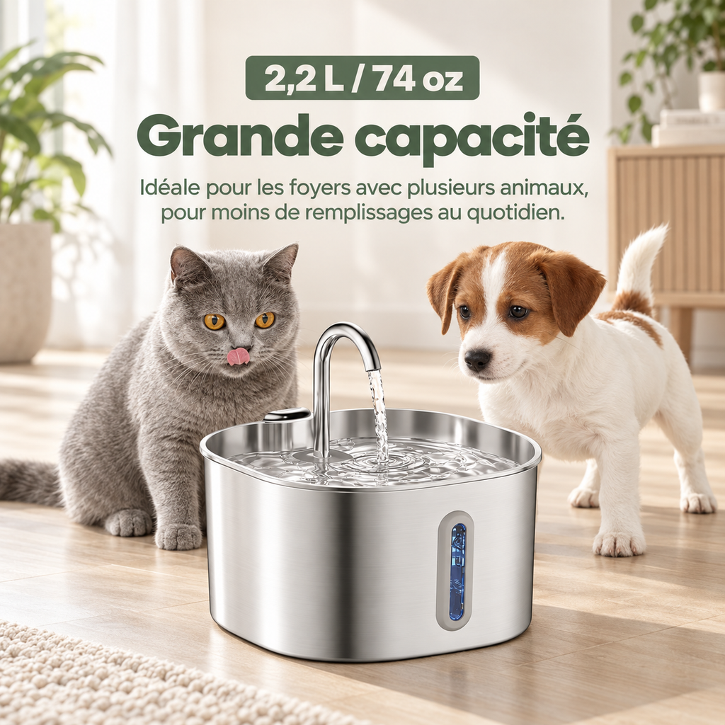 Fontaine à eau sans fil pour chat 2,2 L en inox – 4 filtres