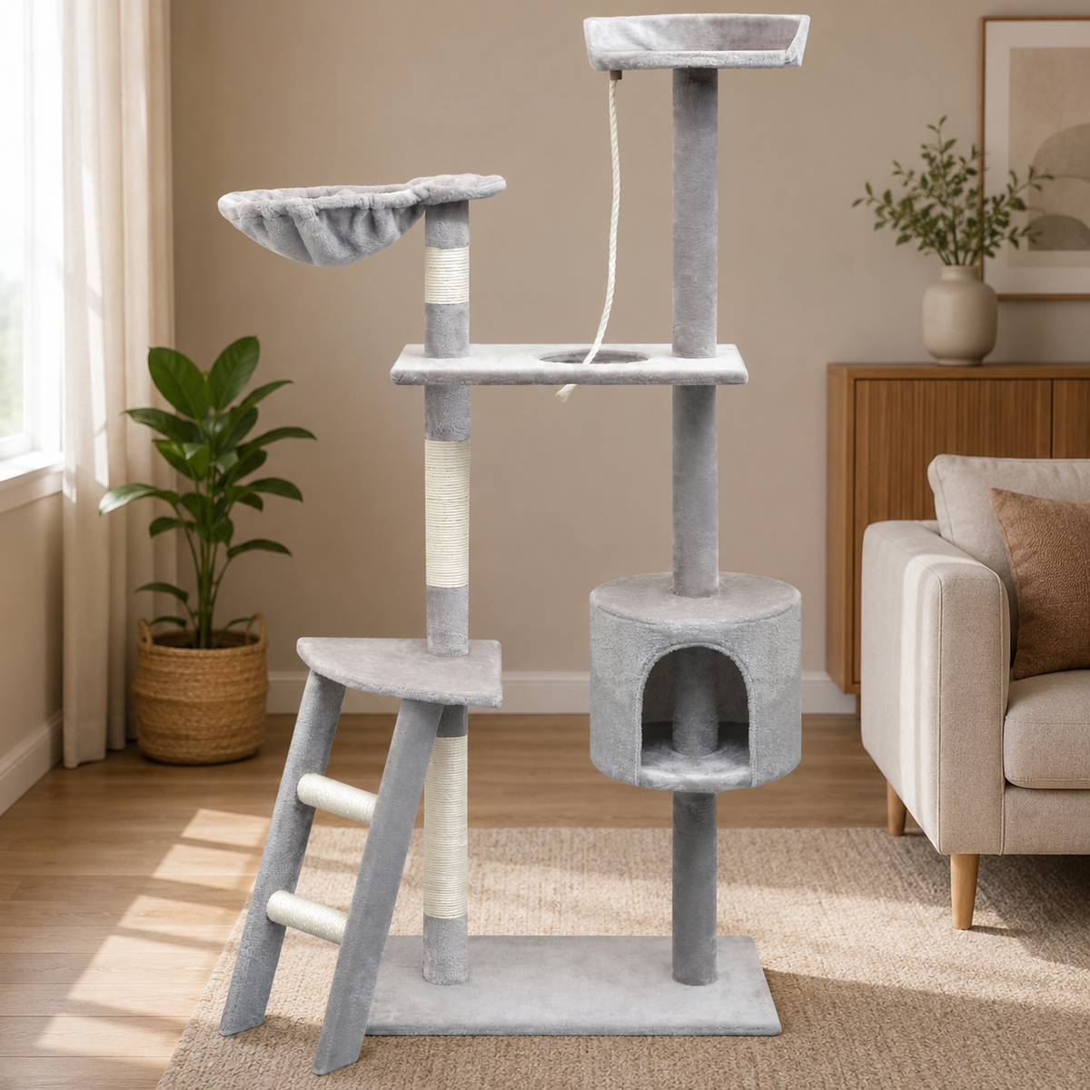 Arbre à chat 150 cm avec niche et paniers – Gris