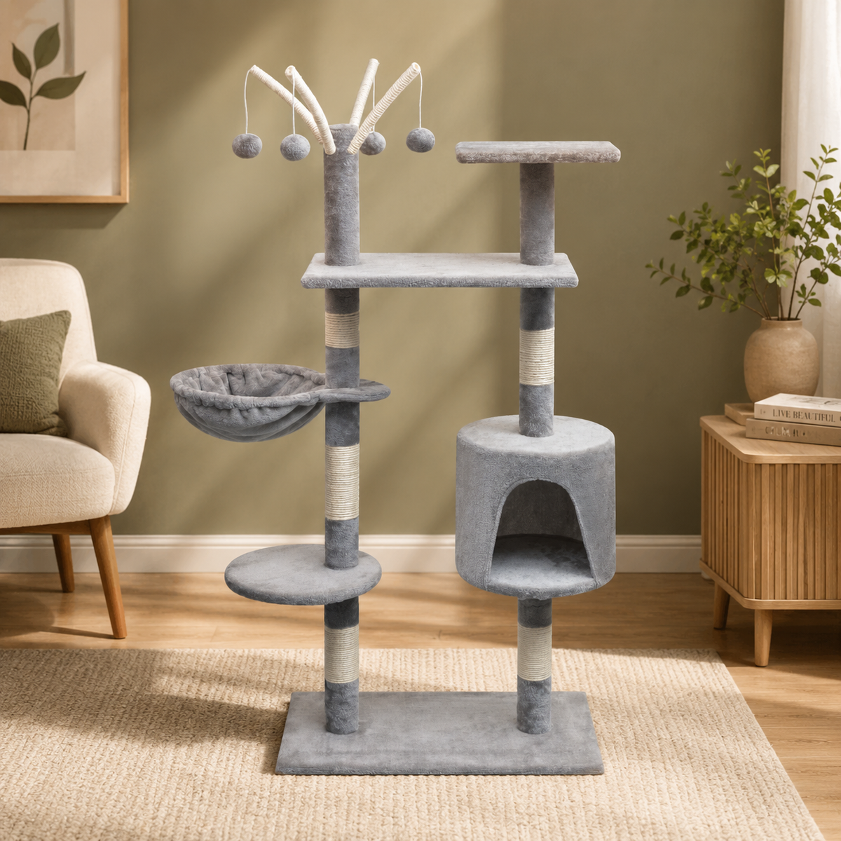 Arbre à chat 125 cm avec niche, paniers et plateformes – Gris