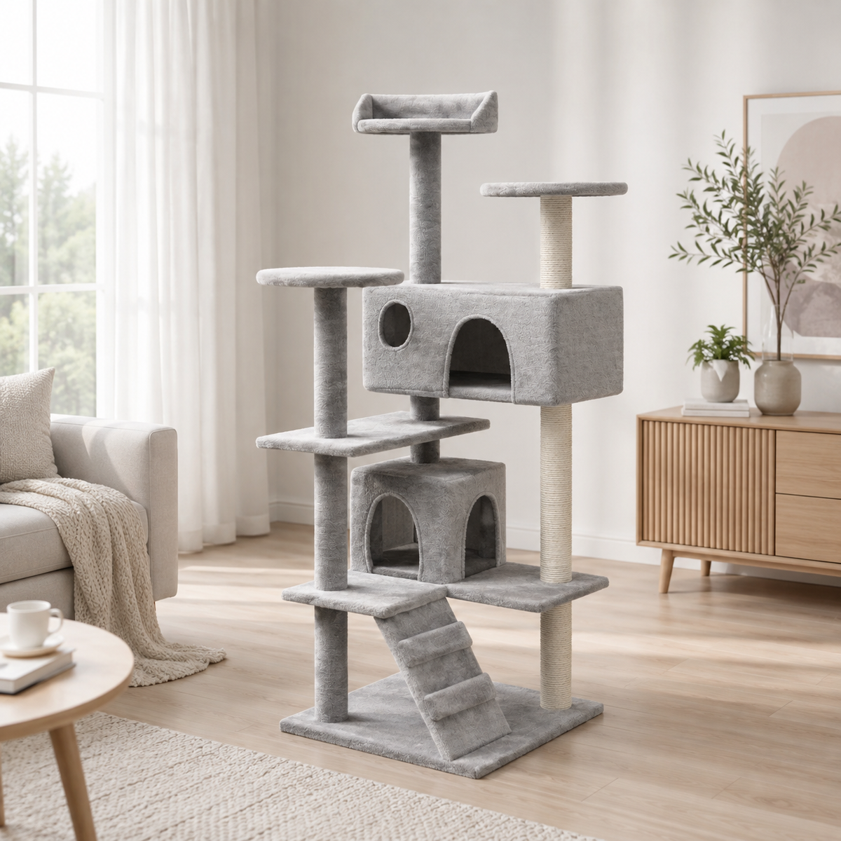 Arbre à chat 125 cm avec niches et plateformes – Gris