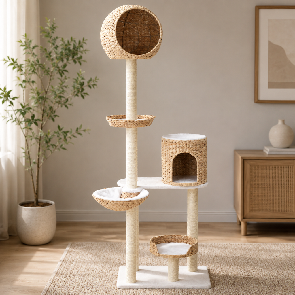 Arbre à chat XXL 180 cm avec niches, paniers et plateformes – Naturel