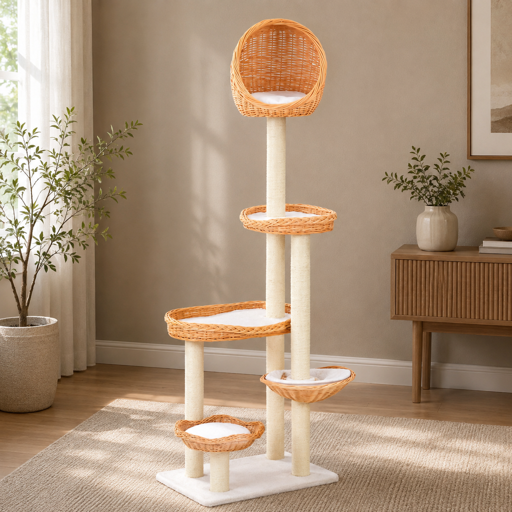 Arbre à chat en bois de saule 172 cm avec niche et paniers – Naturel