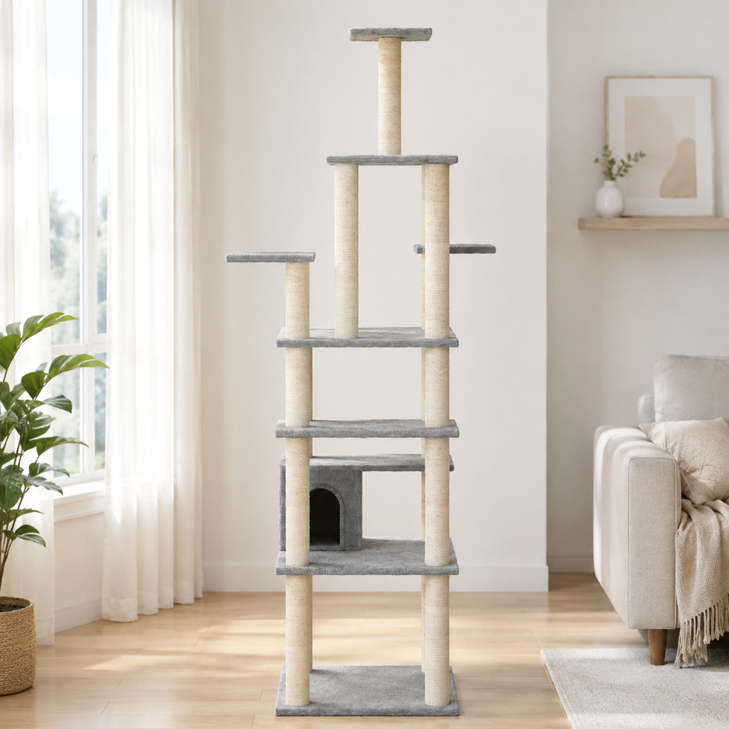 Arbre à chat XXL 183 cm avec niche et plateformes – Gris clair