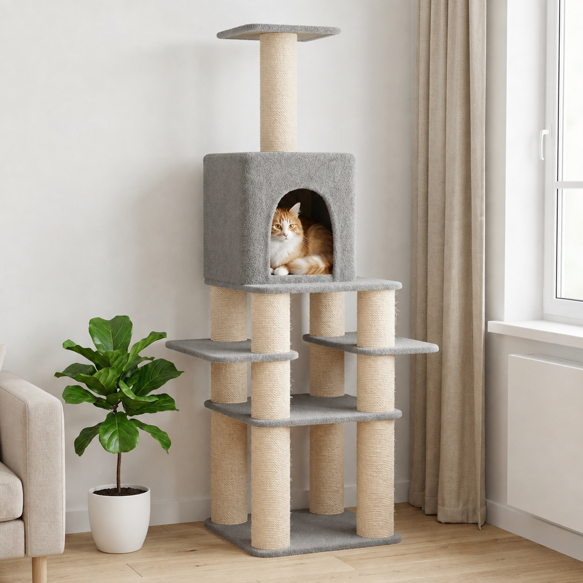 Arbre à chat XXL 180 cm avec niche et plateformes – Gris clair