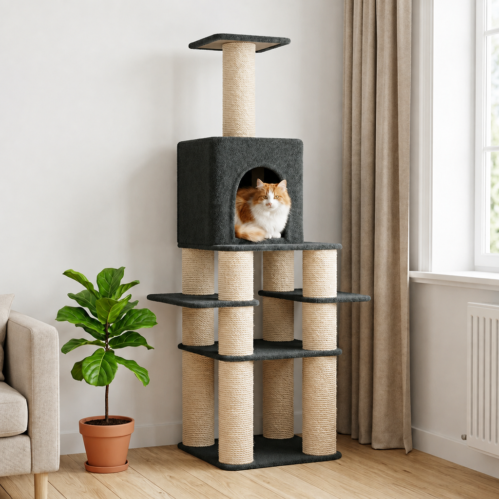 Arbre à chat XXL 180 cm avec niche et plateformes – Gris foncé