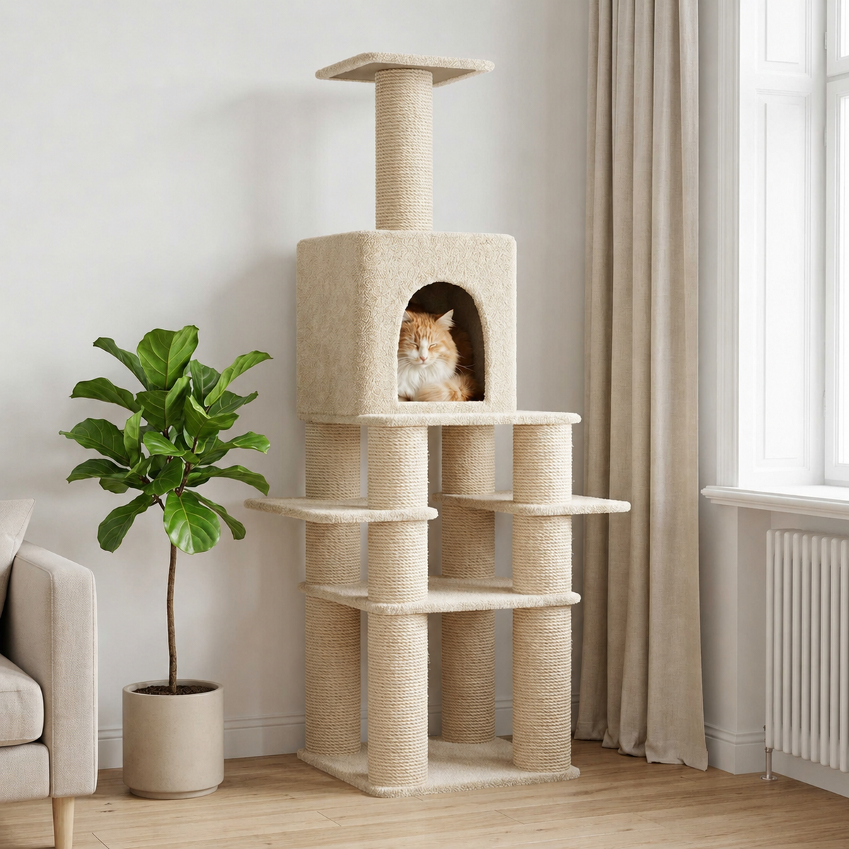 Arbre à chat XXL 180 cm avec niche et plateformes – Crème