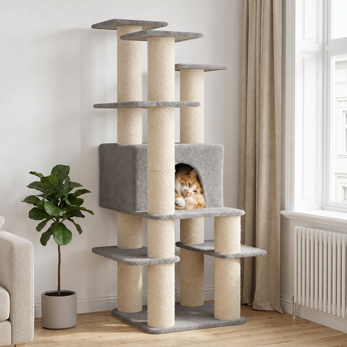 Arbre à chat 161 cm avec niche et plateformes – Gris clair