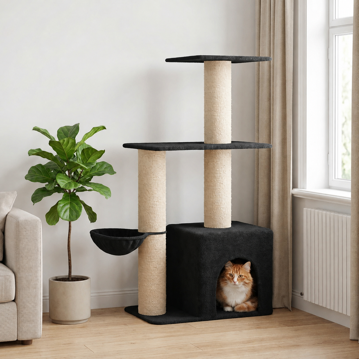 Arbre à chat 133 cm avec niche, panier et plateformes – Gris foncé