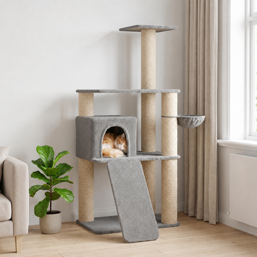 Arbre à chat 173 cm avec niche, panier et plateformes – Gris clair
