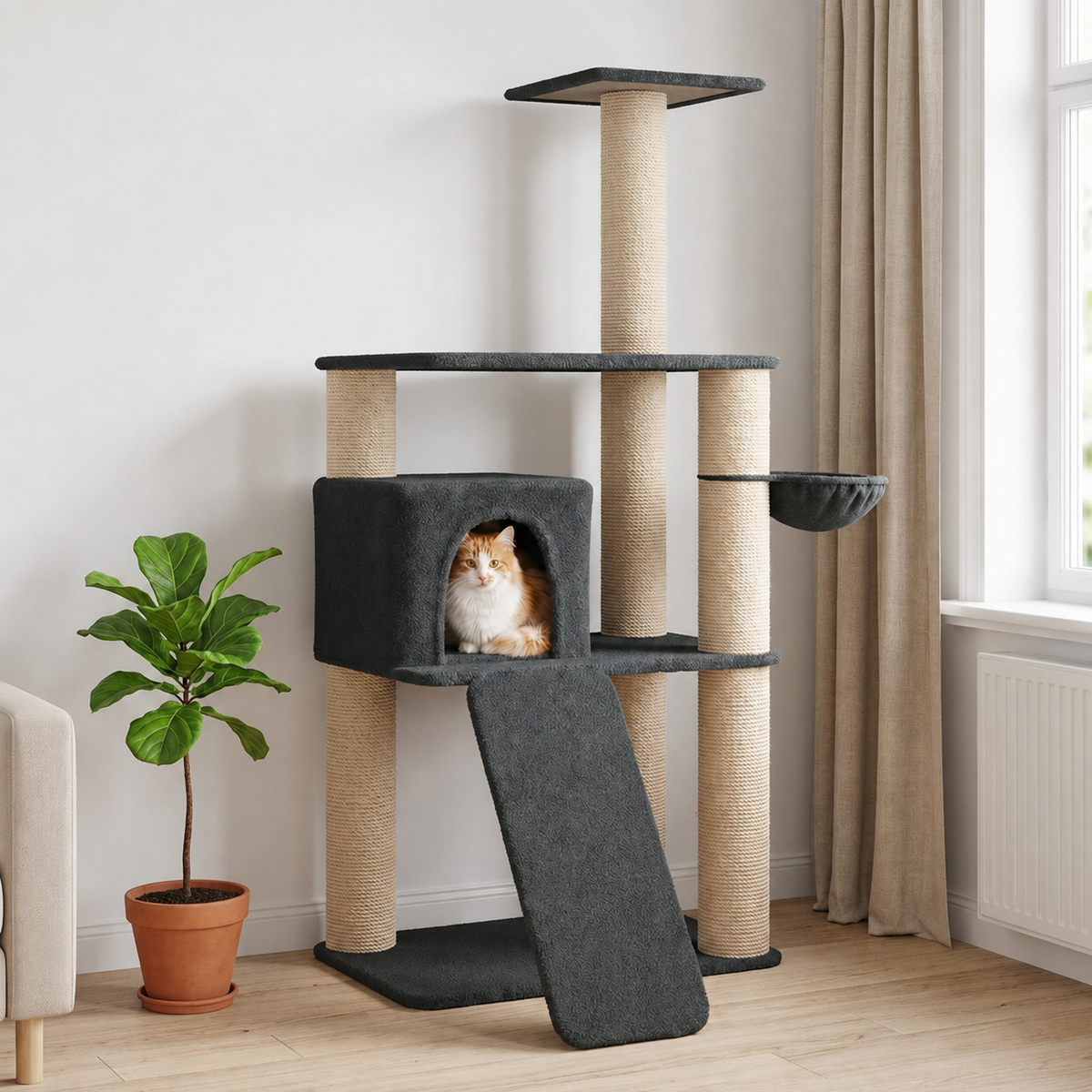 Arbre à chat 173 cm avec niche, panier et plateformes – Gris foncé