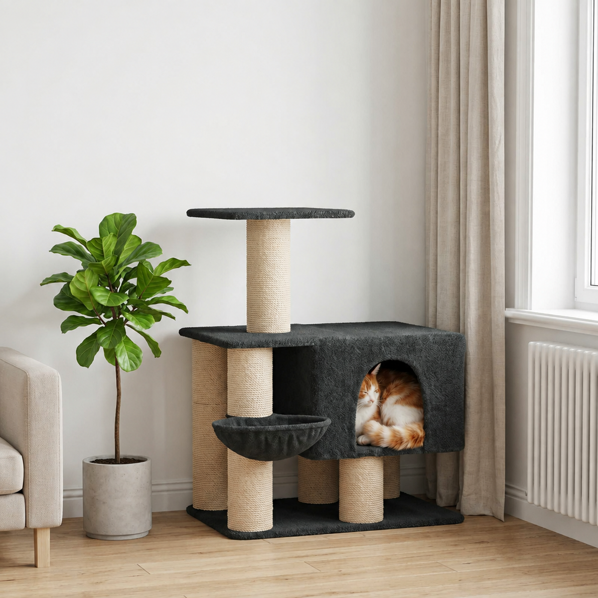 Petit arbre à chat 96 cm avec panier et plateformes – Gris foncé