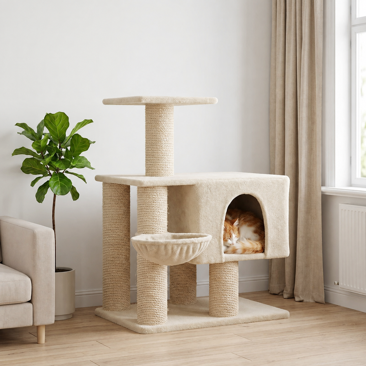 Petit arbre à chat 96 cm avec niche, panier et plateforme – Crème