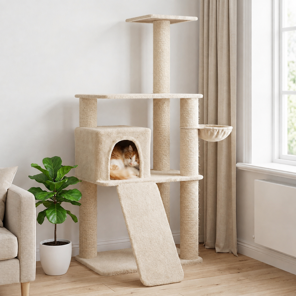 Arbre à chat 173 cm avec niche, panier et plateformes – Crème
