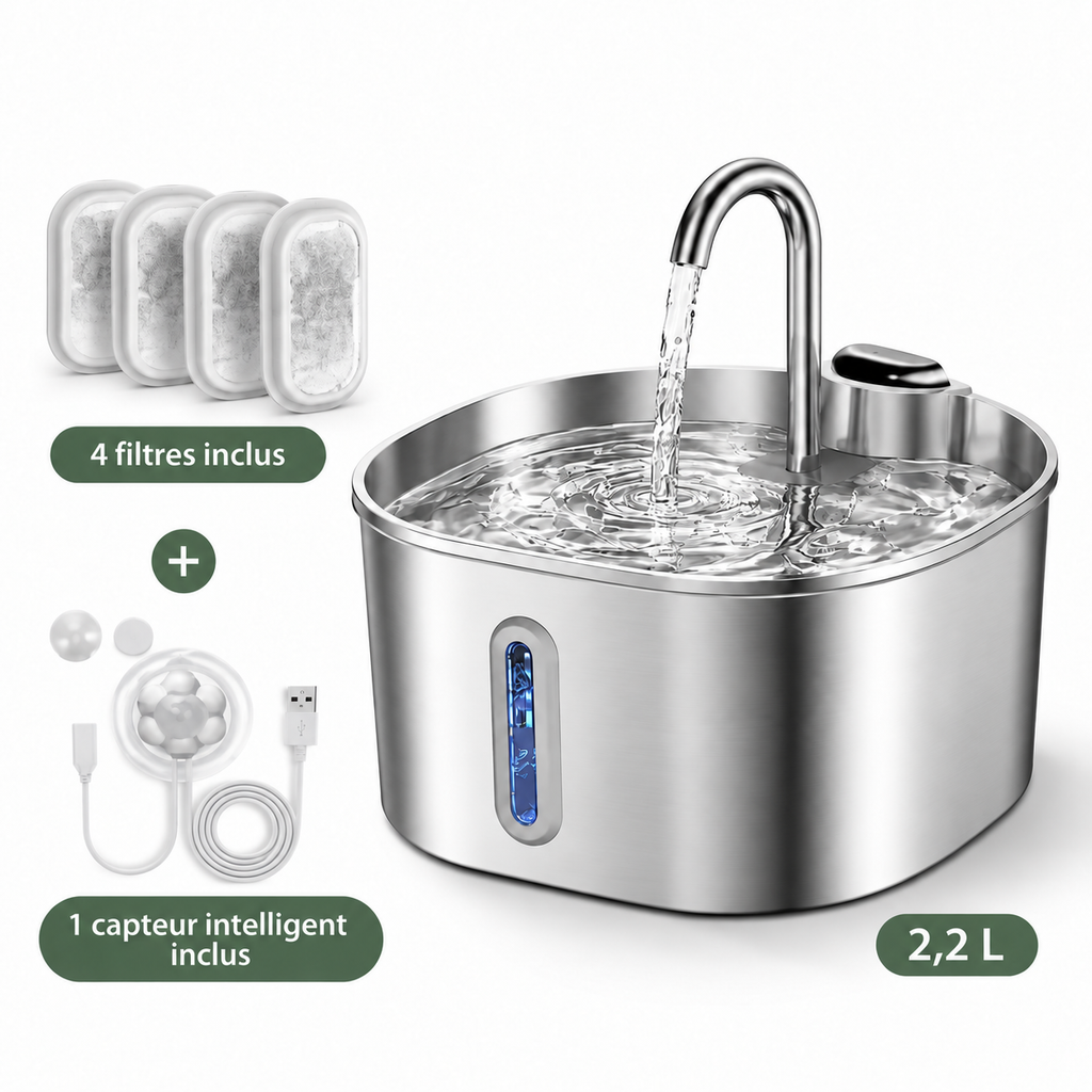 Fontaine à eau sans fil pour chat 2,2 L en inox – 4 filtres