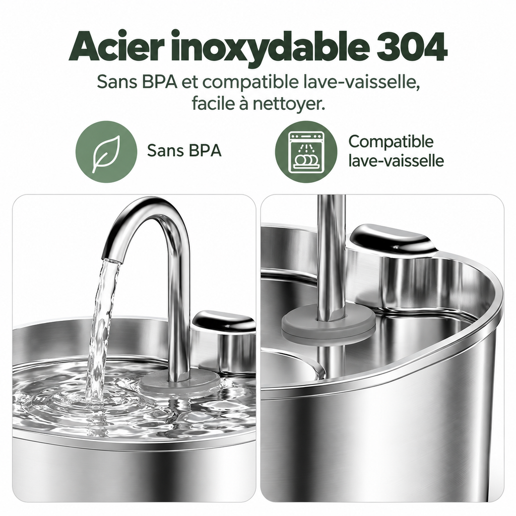 Fontaine à eau sans fil pour chat 2,2 L en inox – 4 filtres