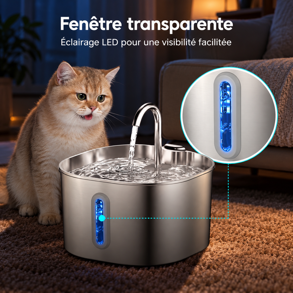 Fontaine à eau sans fil pour chat 2,2 L en inox – 4 filtres
