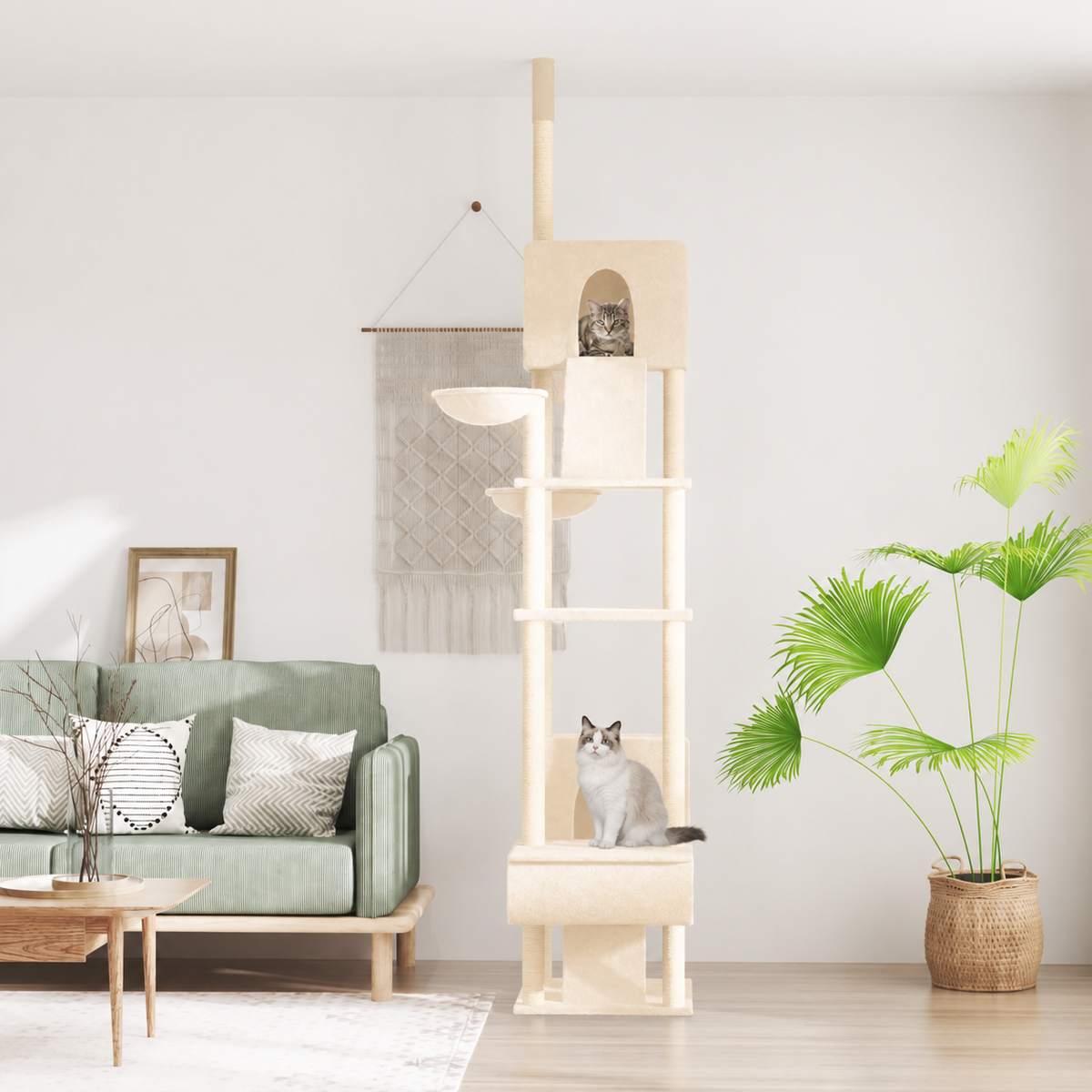 Arbre à chat sol-plafond 303 cm avec niche et plateformes – Crème