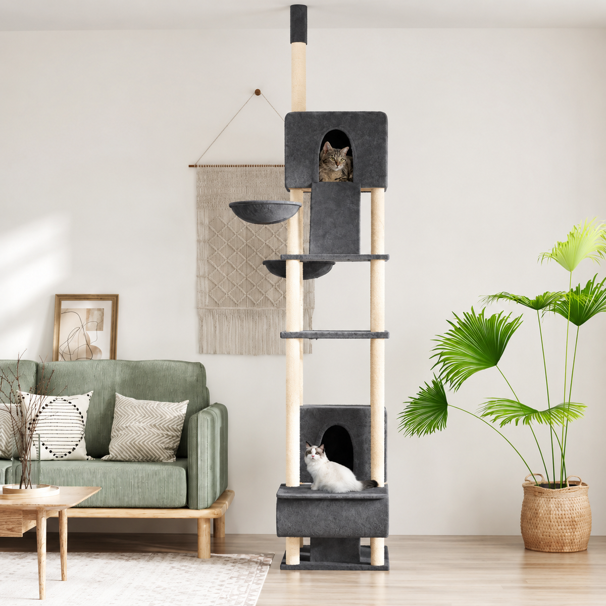 Arbre à chat sol-plafond 303 cm avec niche, tunnel et paniers – Gris foncé