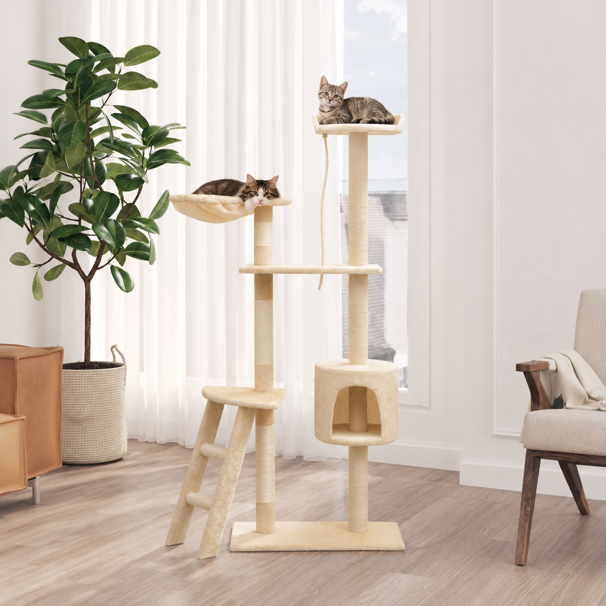 Arbre à chat 150 cm avec niche, panier et plateformes – Beige