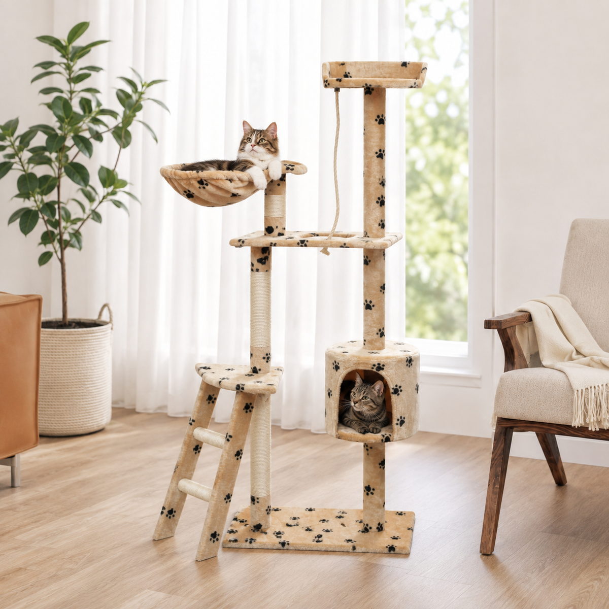 Arbre à chat 150 cm avec niche, panier et plateforme – Beige