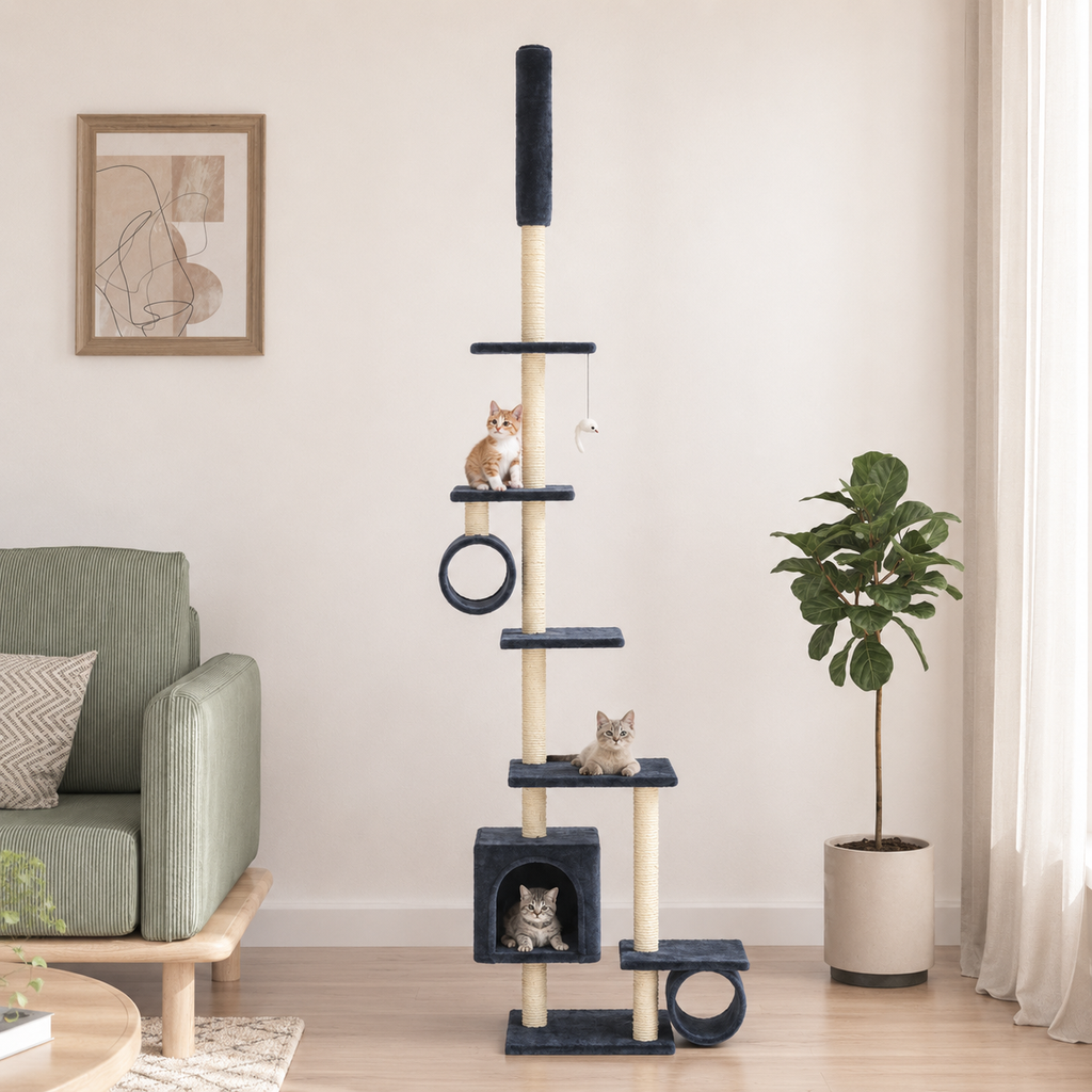 Arbre à chat XXL 260 cm avec niche et tunnels – Bleu foncé
