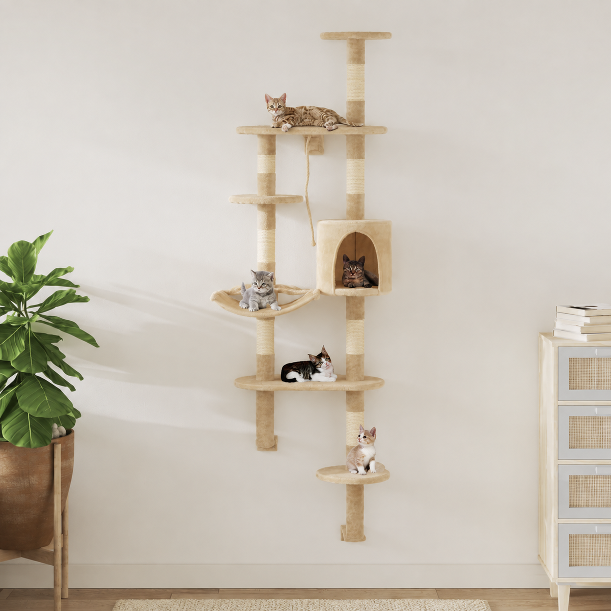 Arbre à chat mural 194 cm avec niche, hamac et plateformes – Beige