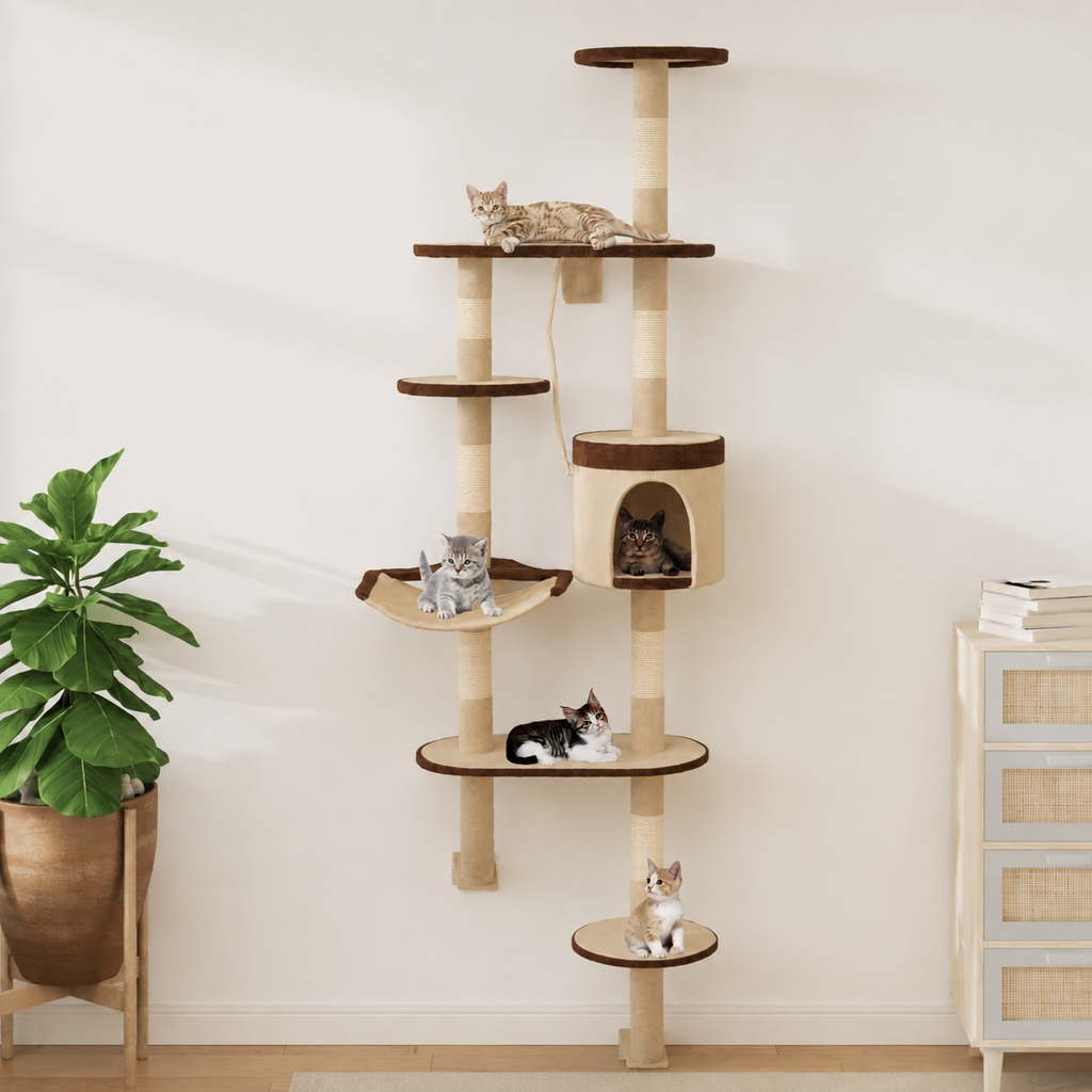 Arbre à chat mural 194 cm avec niche, hamac et plateformes – Beige et marron