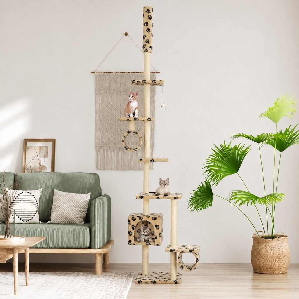 Arbre à chat XXL 260 cm avec niche, tunnel et plateformes – Beige