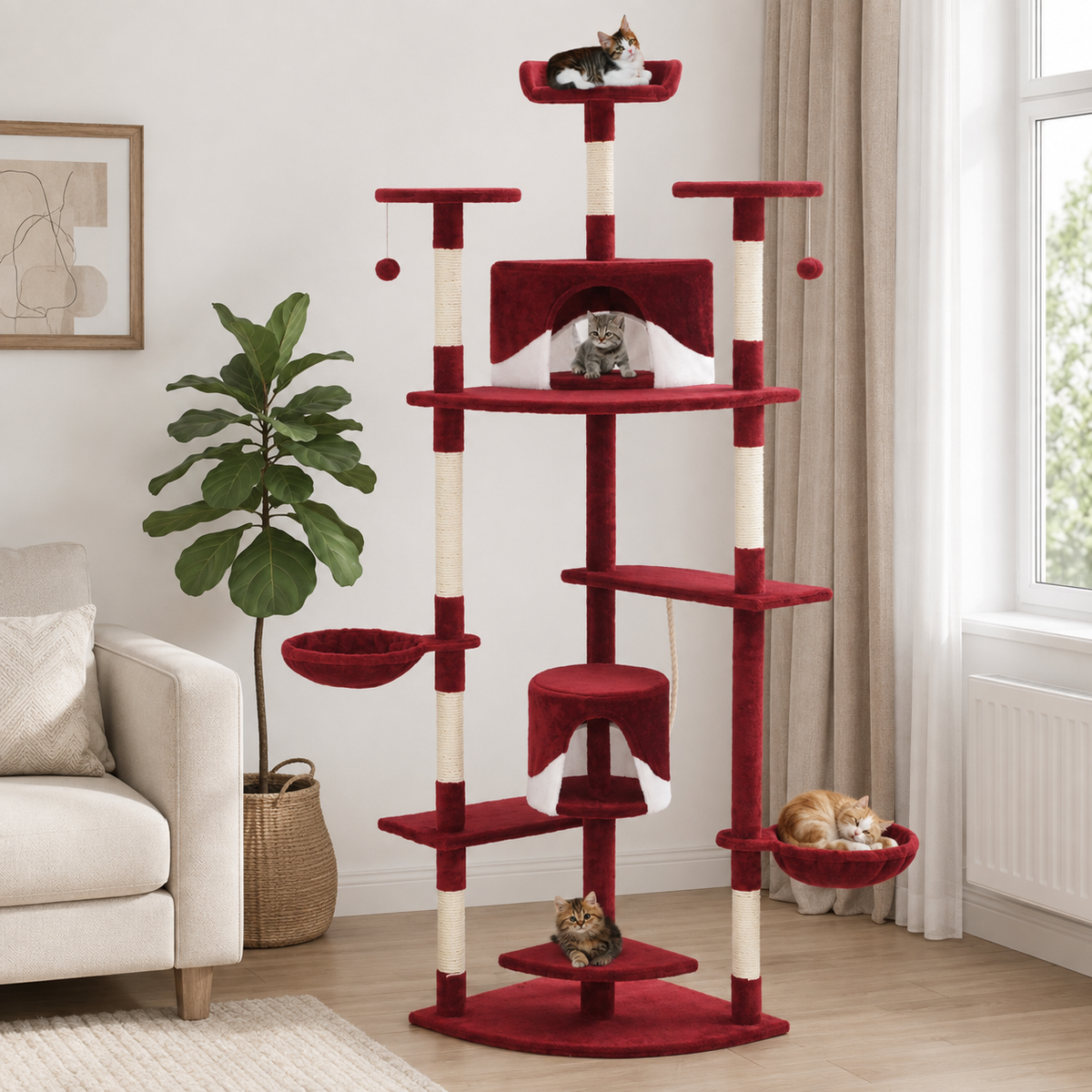 Arbre à chat XXL 203 cm avec niche, panier et plateformes – Rouge et blanc