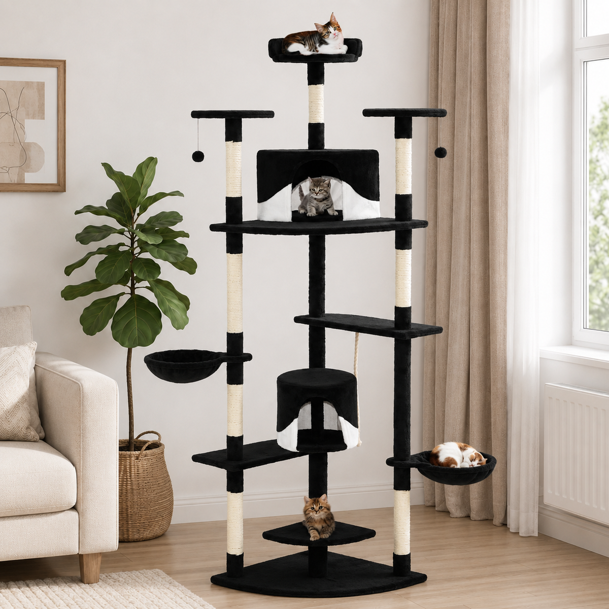 Arbre à chat XXL 203 cm avec niche, panier et plateformes – Noir et blanc
