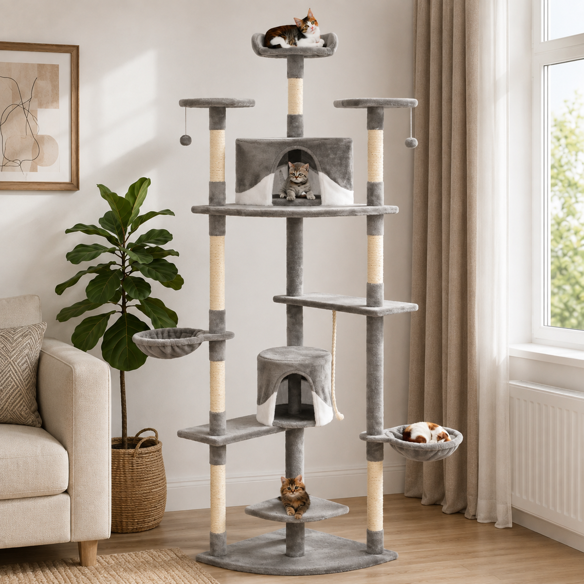 Arbre à chat XXL 203 cm avec niche, panier et plateformes – Gris et blanc