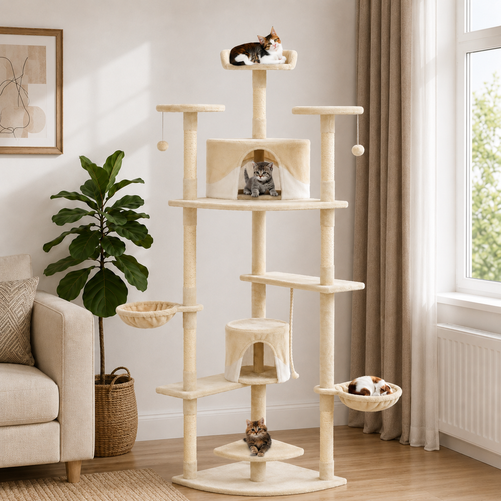 Arbre à chat XXL 203 cm avec niche, panier et plateformes – Beige et blanc