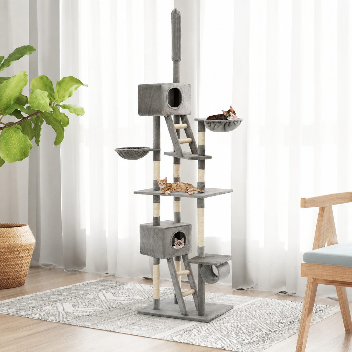 Arbre à chat XXL 230 à 260 cm avec niches, paniers, tunnel et plateformes – Gris