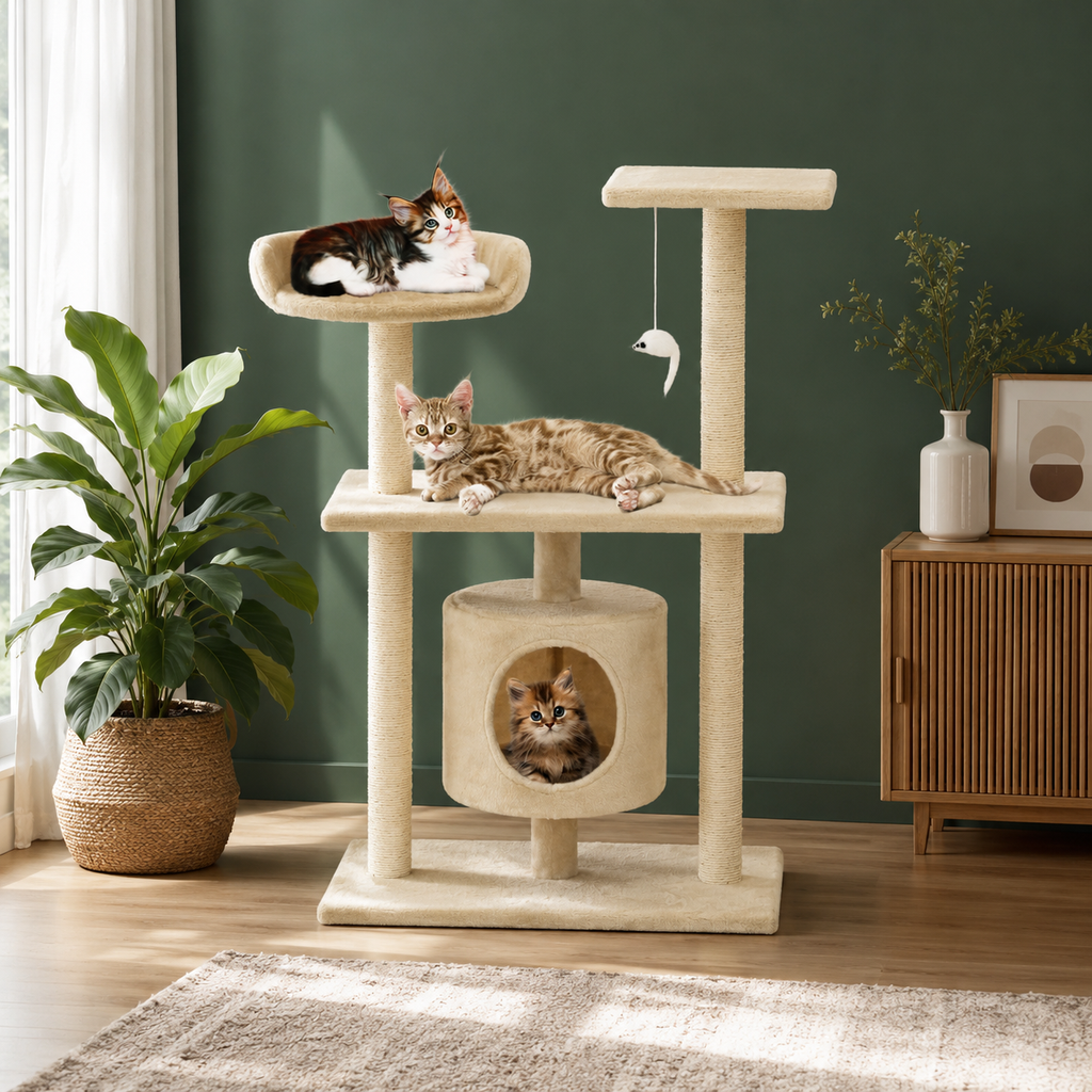 Petit arbre à chat 95 cm avec niche, panier et plateformes – Beige