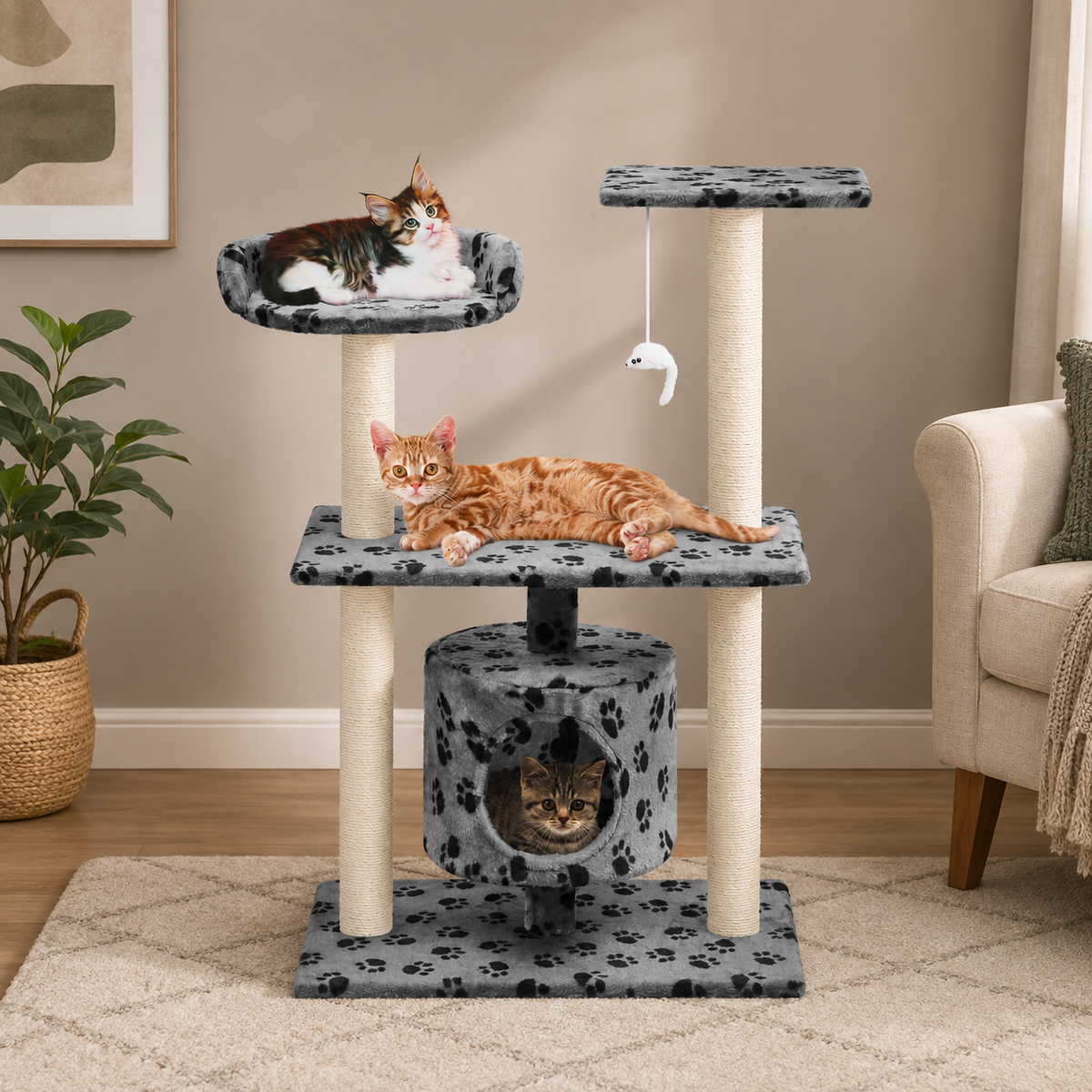 Petit arbre à chat 95 cm avec niche, panier et plateformes – Gris