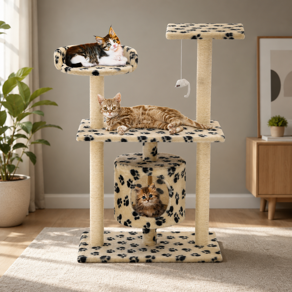 Petit arbre à chat 95 cm avec niche, panier et plateformes – Beige à motifs pattes